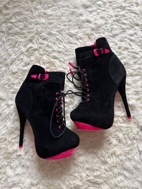 Shiekh Black Suede Lace-Up Stiletto Boots with Hot Pink Accents